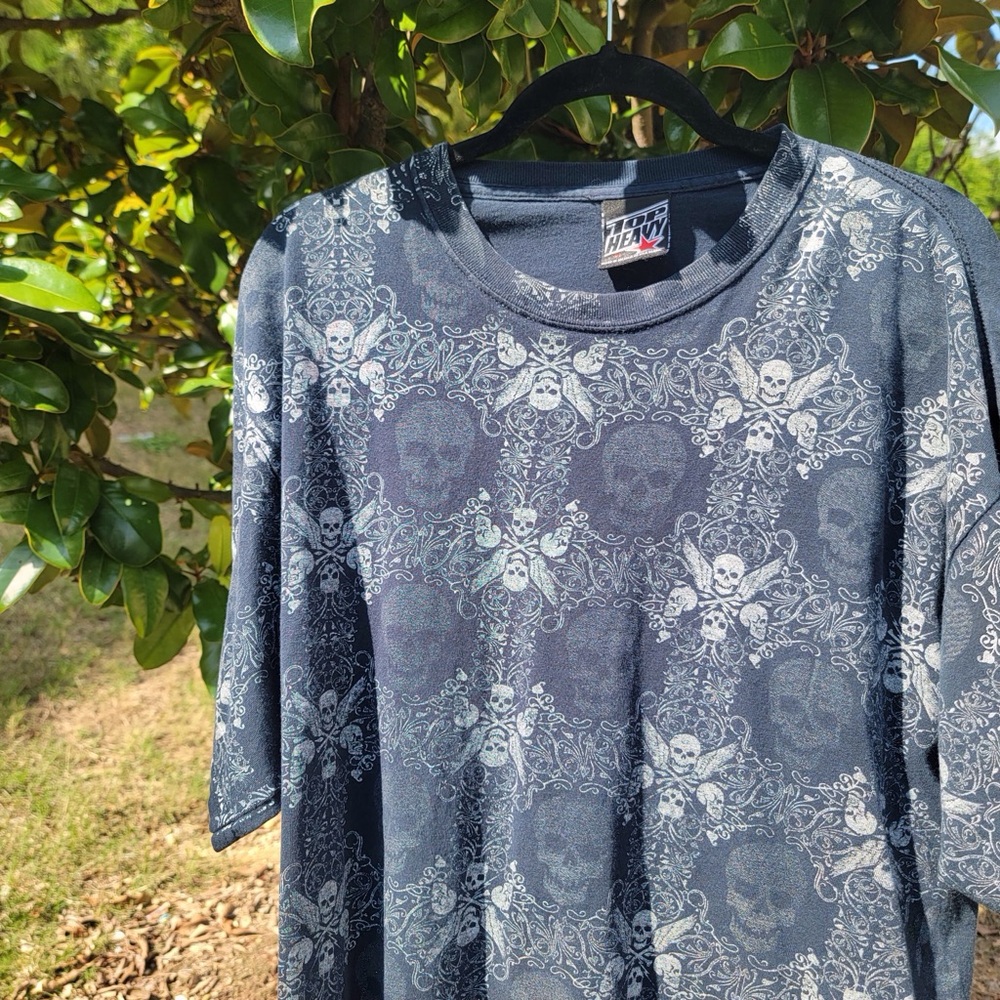 Navy Y2K Grunge Graphic T-Shirt with Skull Design